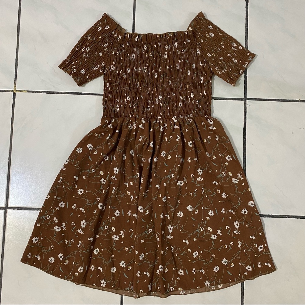 SHEIN; Off the Shoulder Brown with White Flowers Dress